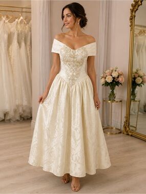 Jessica McClintock Off-Shoulder Embroidered Ivory Wedding Dress